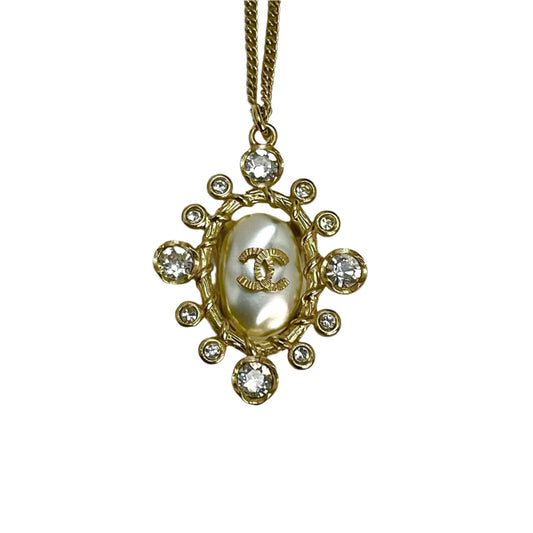 Chanel Crystal CC Necklace Gold Pearly Fashion Jewelry