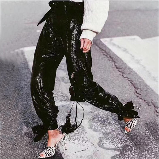 Shaped Pants High Waist Lace Up Ankle Tied Shiny Casual Pants
