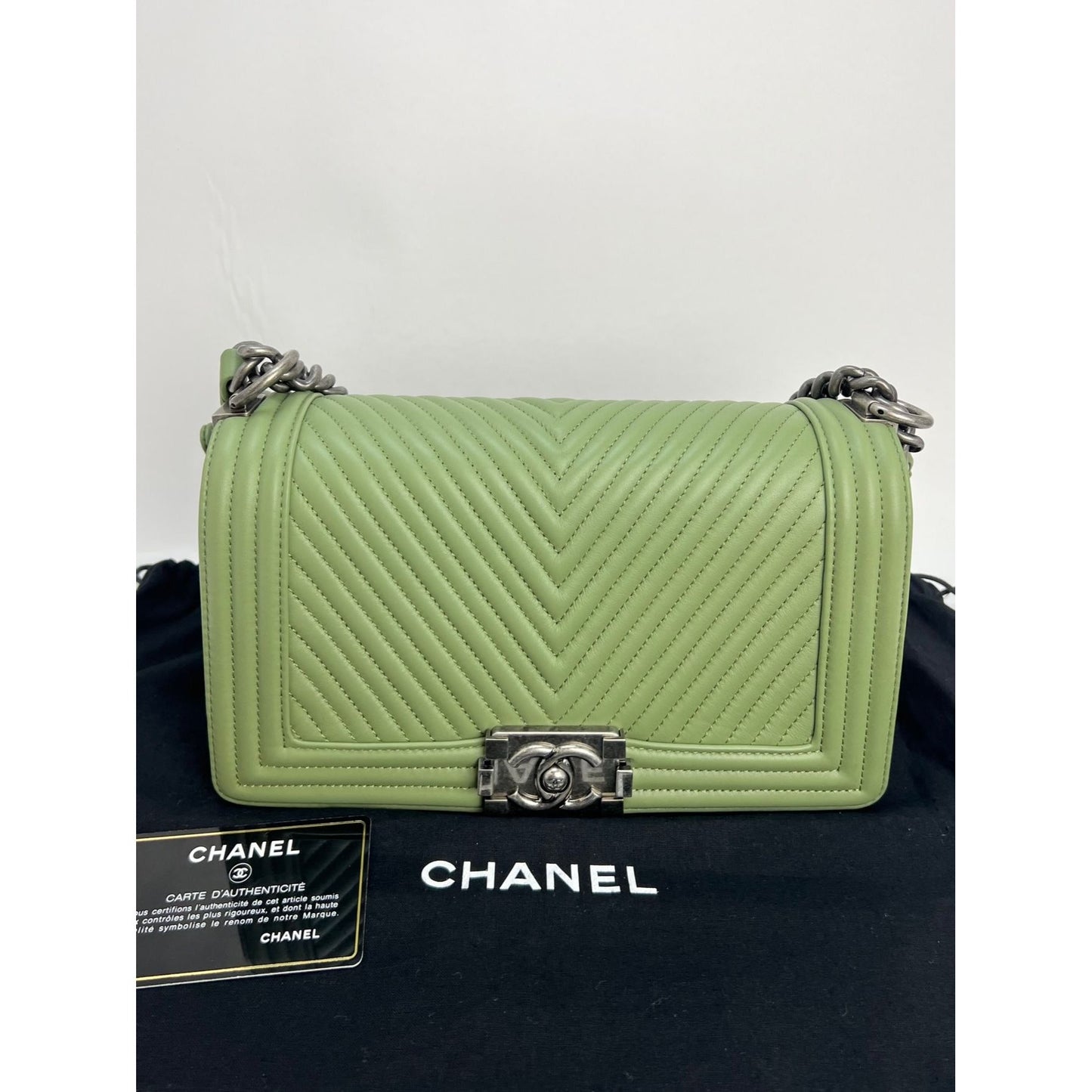 Chanel Calfskin Chevron Quilted Medium Boy Flap Light Green Bag