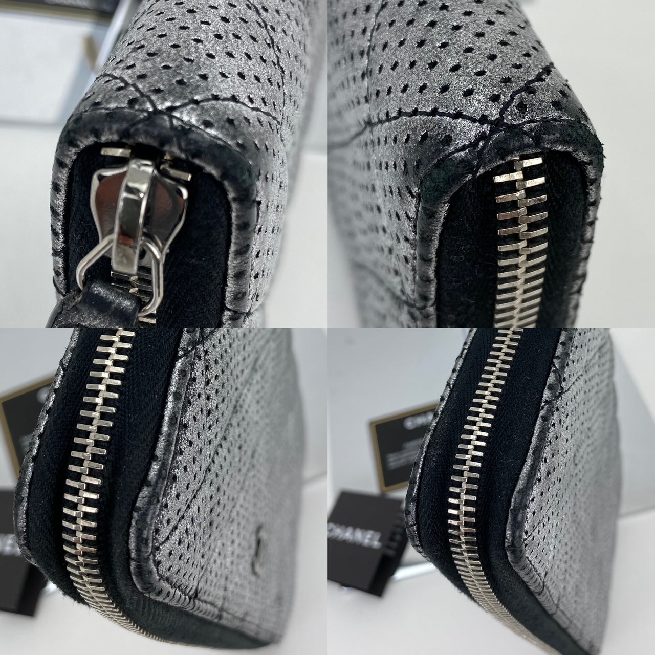 Chanel Perforated Silver Metallic Lambskin Quilted Zip Around Wallet Clutch