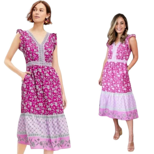 LOFT Women's Border Ruffle Floral V-Neck Sleeveless Midi Dress Size 10