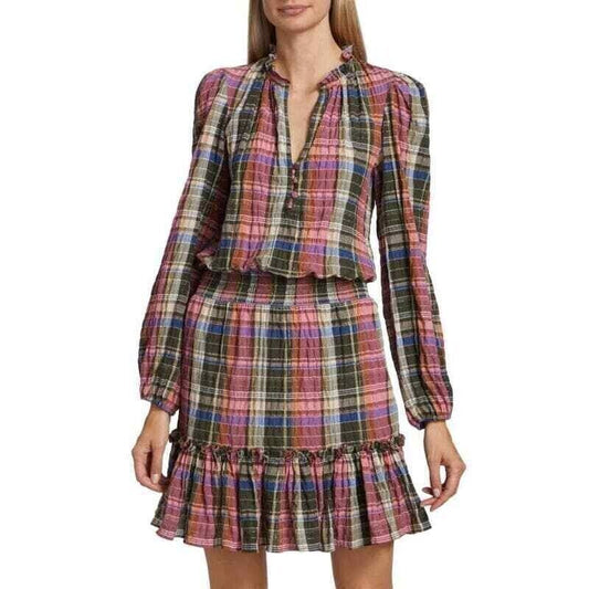 Veronica Beard Long Sleeve Dress Pink Plaid Ruffle Smocked Waist  0