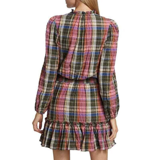Veronica Beard Long Sleeve Dress Pink Plaid Ruffle Smocked Waist  0