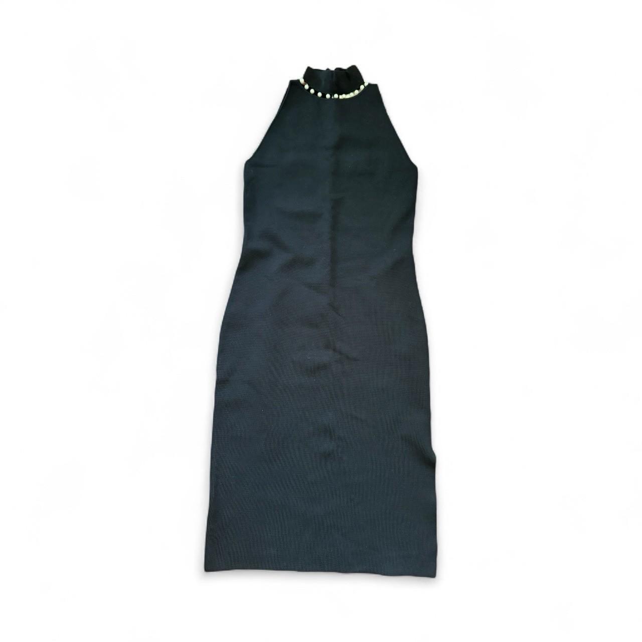 Camila Coelho Black Pearl Embellished Mock Neck Midi Dress