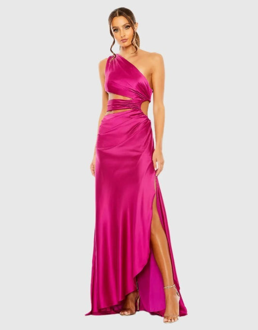 MAC DUGGAL 68485 CUT OUT ONE SHOULDER SATIN MAGENTA GOWN