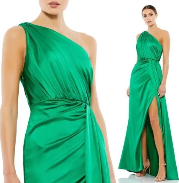 Ieena Mac Duggal Emerald Green One-Shoulder Ruched Satin Gown