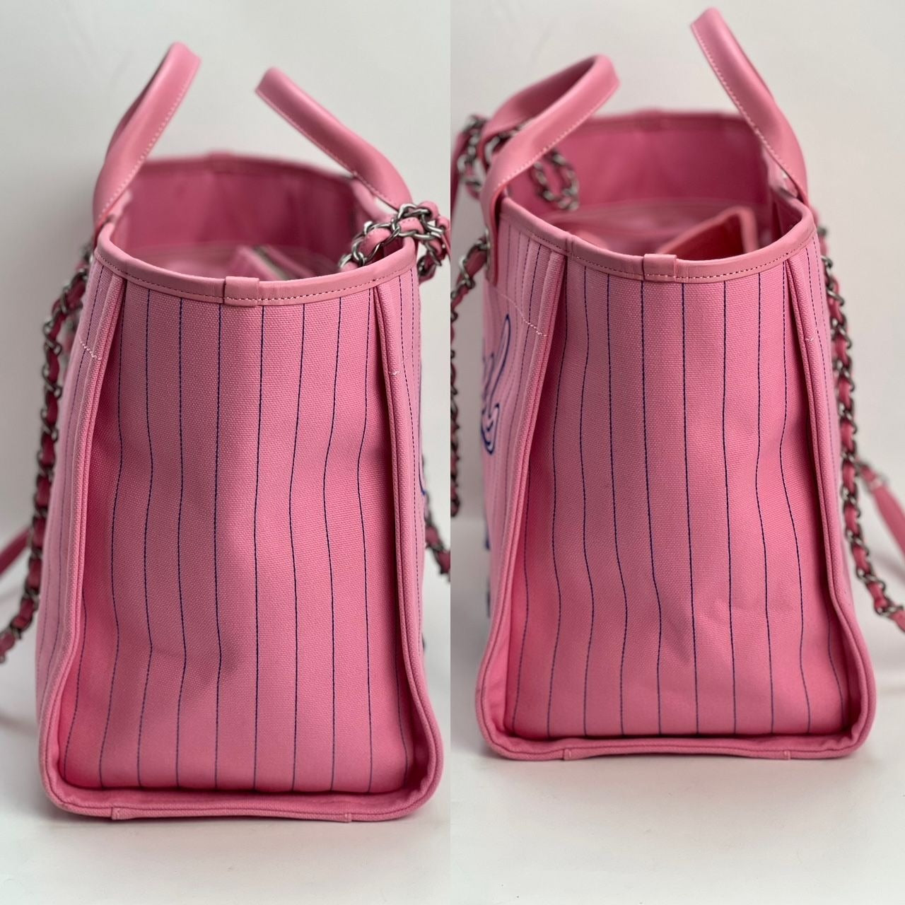 Chanel Canvas Calfskin Striped Medium Deauville Pink Tote