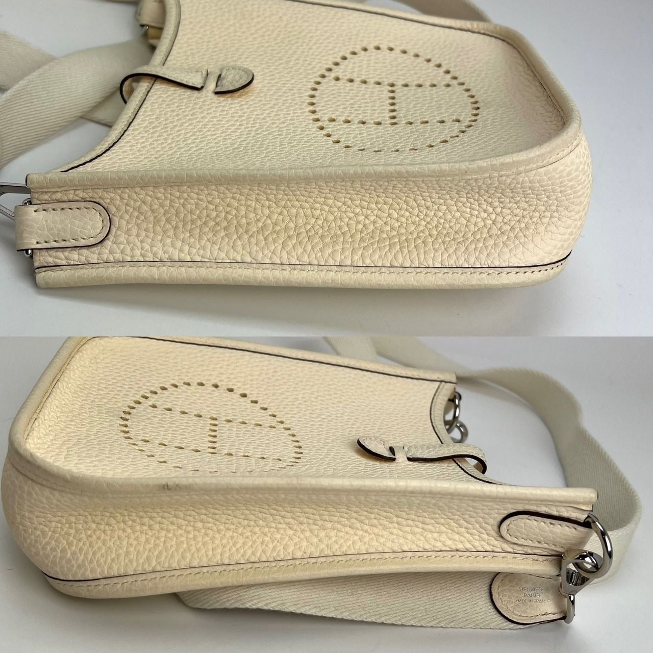 Hermes Taurillon Clemence evelyne TPM Nata White Crossbody Bag