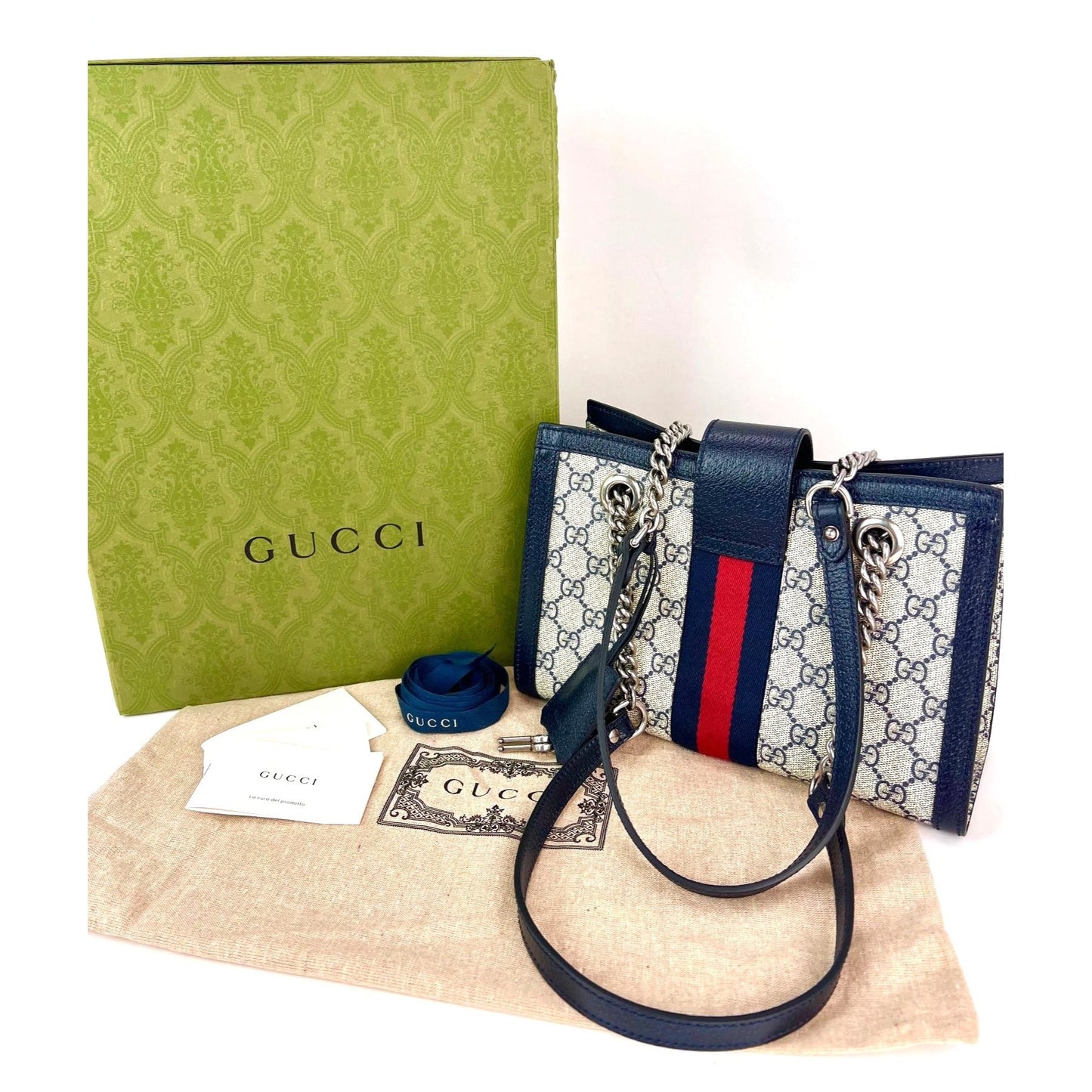 Gucci GG Supreme Dollar Calfskin Web Small Padlock Navy Tote