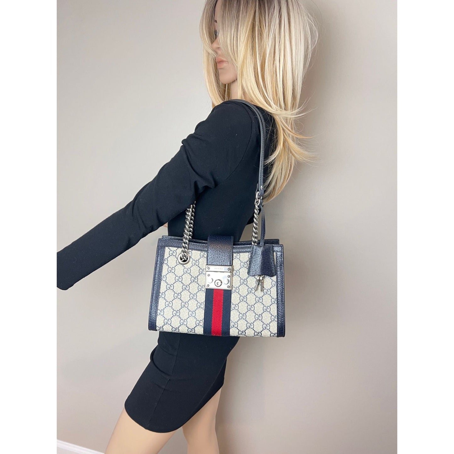 Gucci GG Supreme Dollar Calfskin Web Small Padlock Navy Tote