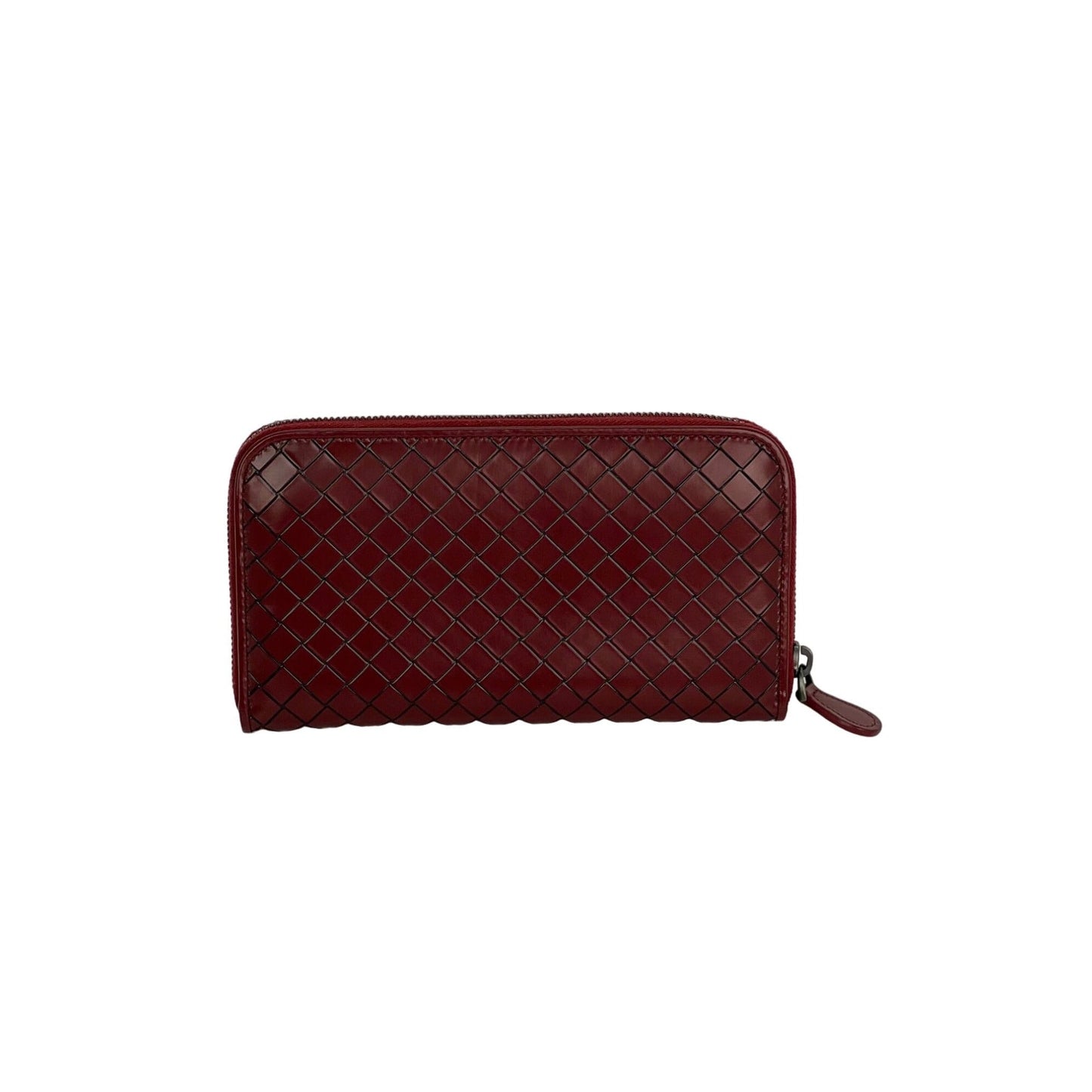 Bottega Veneta Burgundy Intrecciato Zip Around Leather Wallet Clutch