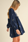 Blue Floral Embroidered  Ruffled Mini Dress