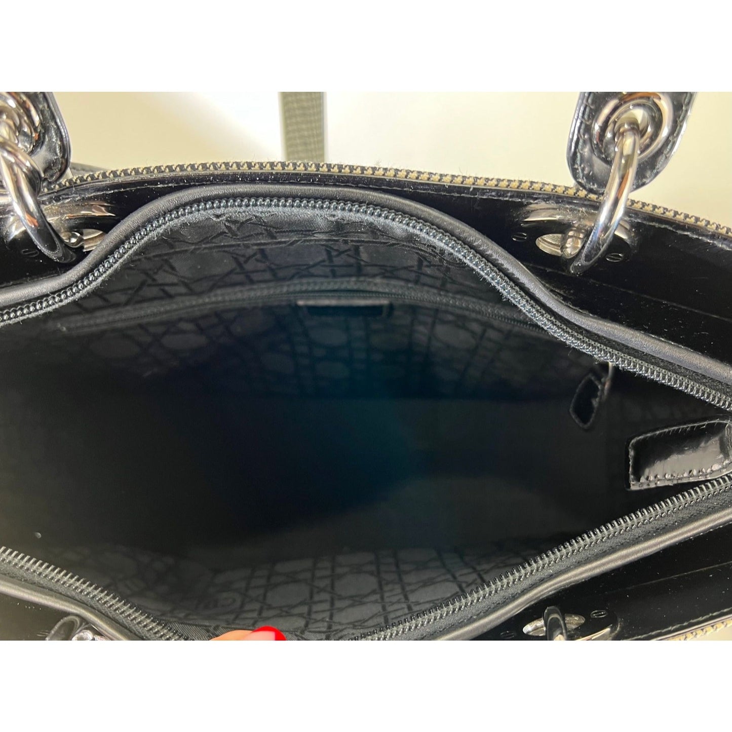 Christian Dior Large Lady Black Patent Leather Canvas Hand Bag