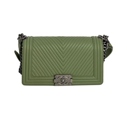 Chanel Calfskin Chevron Quilted Medium Boy Flap Light Green Bag
