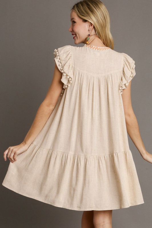 Jet Stream Linen Embroidery Pom Pom Short Dress