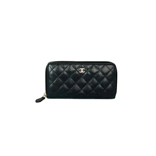 Chanel Caviar Quilted Large Gusset  Zip Around Black Wallet
