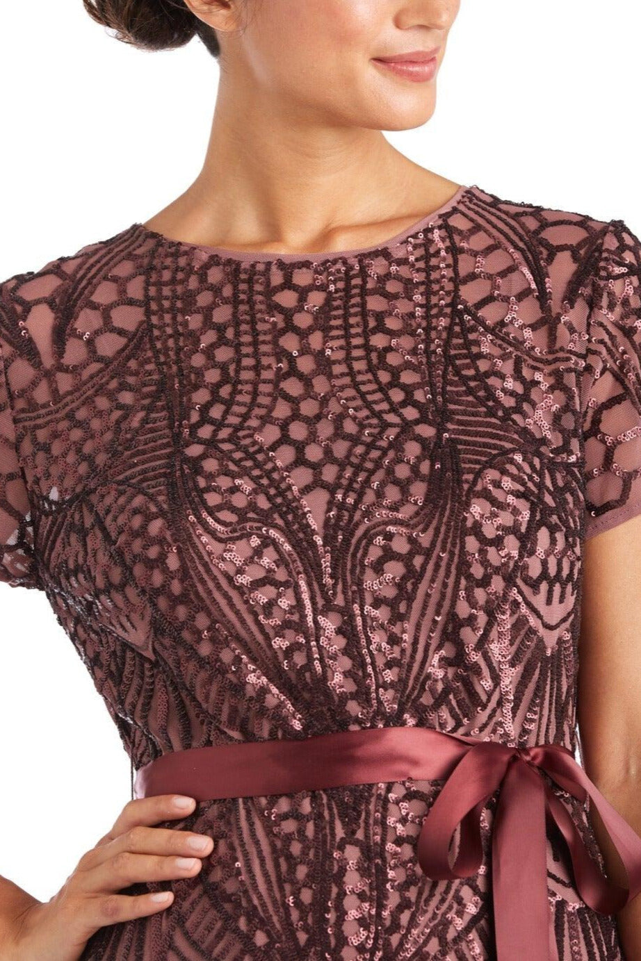 R&M Richards Round Neckline Short Sleeves Sating Waist Sash Mesh Godets Skirt Radiant Sequin Gown Dress
