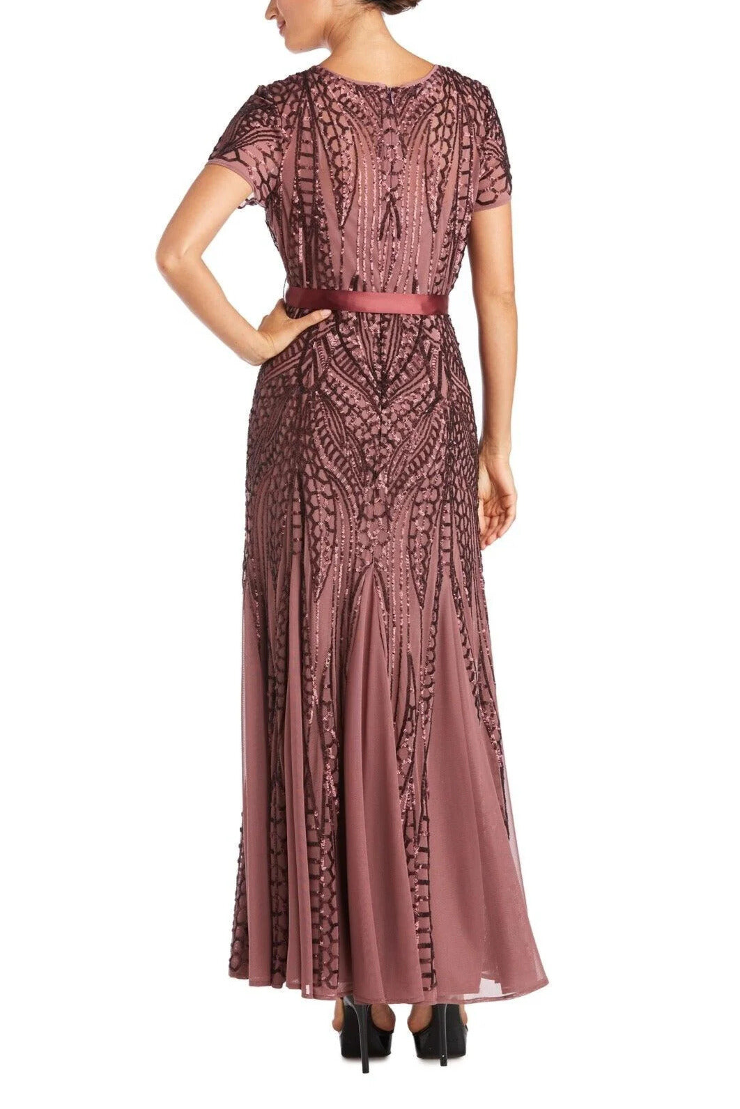 R&M Richards Round Neckline Short Sleeves Sating Waist Sash Mesh Godets Skirt Radiant Sequin Gown Dress