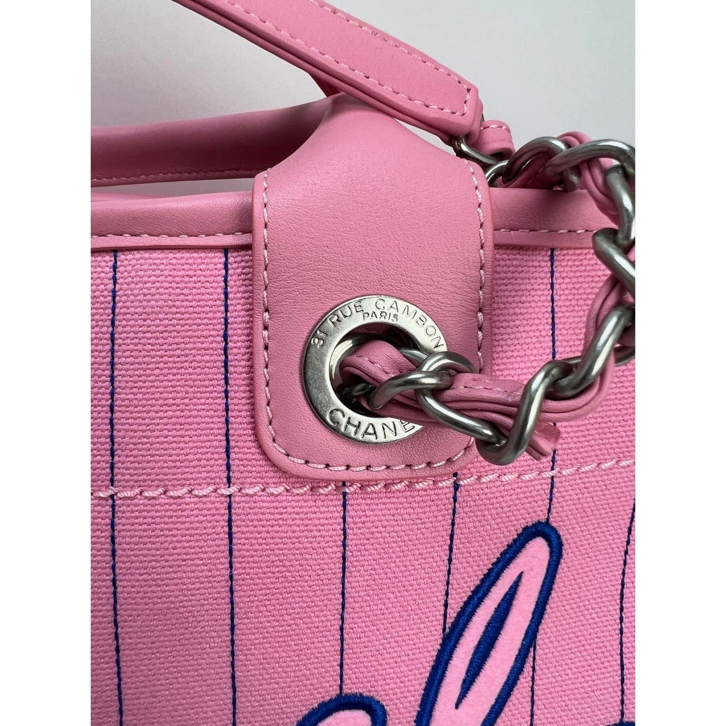 Chanel Canvas Calfskin Striped Medium Deauville Pink Tote