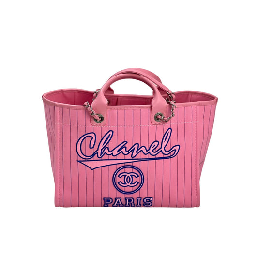 Chanel Canvas Calfskin Striped Medium Deauville Pink Tote