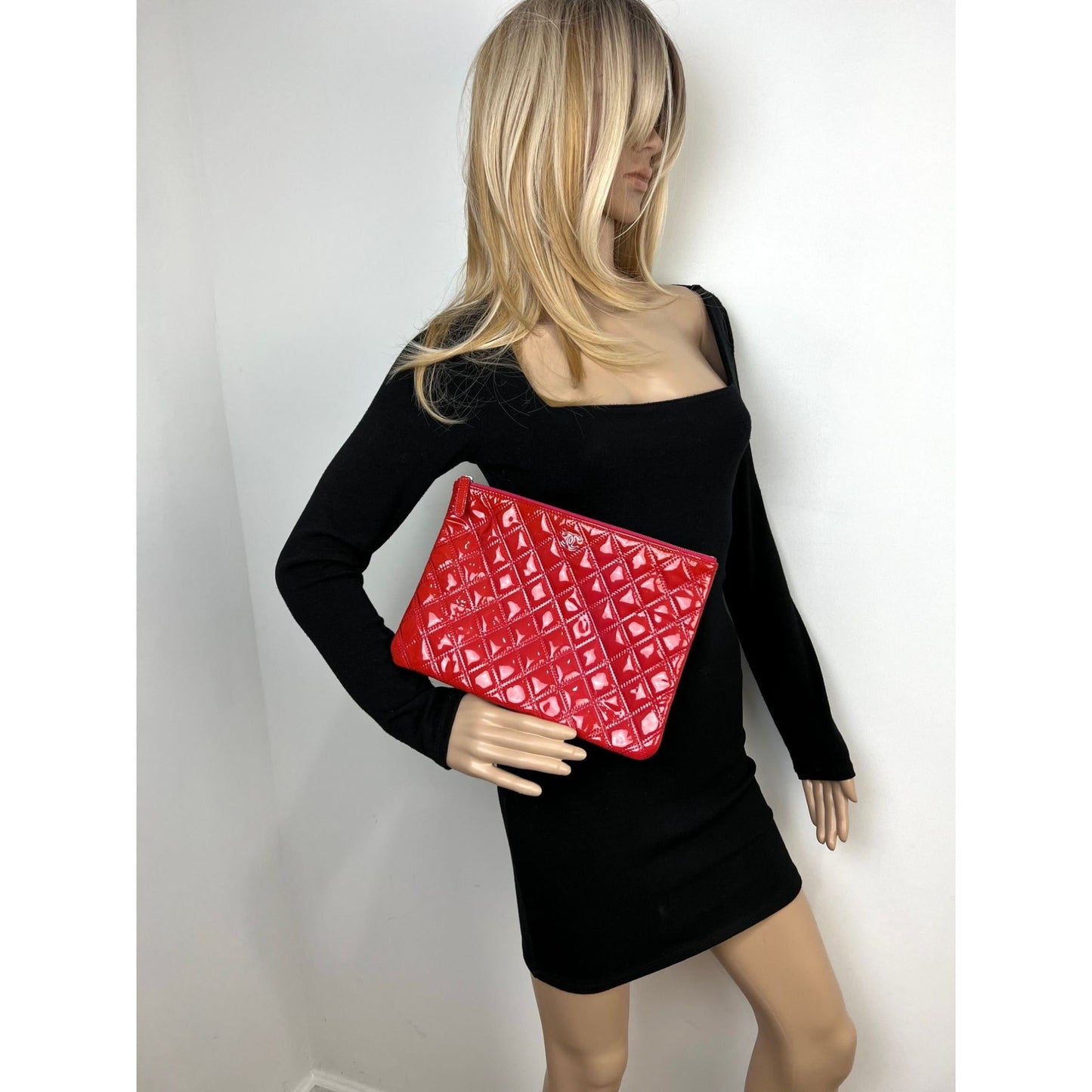 Chanel Patent Quilted Medium Cosmetic Case Dark Pink