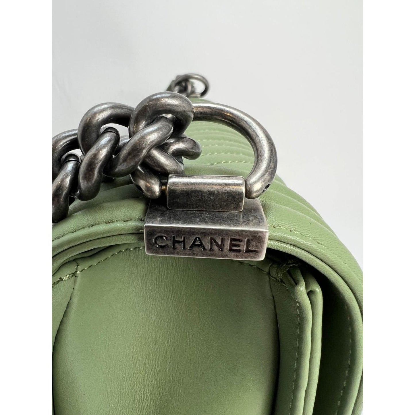 Chanel Calfskin Chevron Quilted Medium Boy Flap Light Green Bag