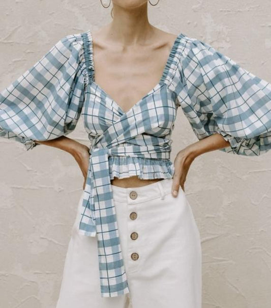 French Retro Street Short Green Plaid  Shirt Top