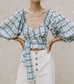 French Retro Street Short Green Plaid  Shirt Top