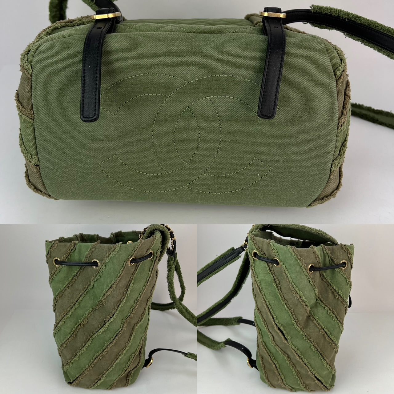 CHANEL Backpack Canvas Chevron Cuba Patchwork Khaki Green Backpack Preowned