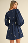 Blue Floral Embroidered  Ruffled Mini Dress