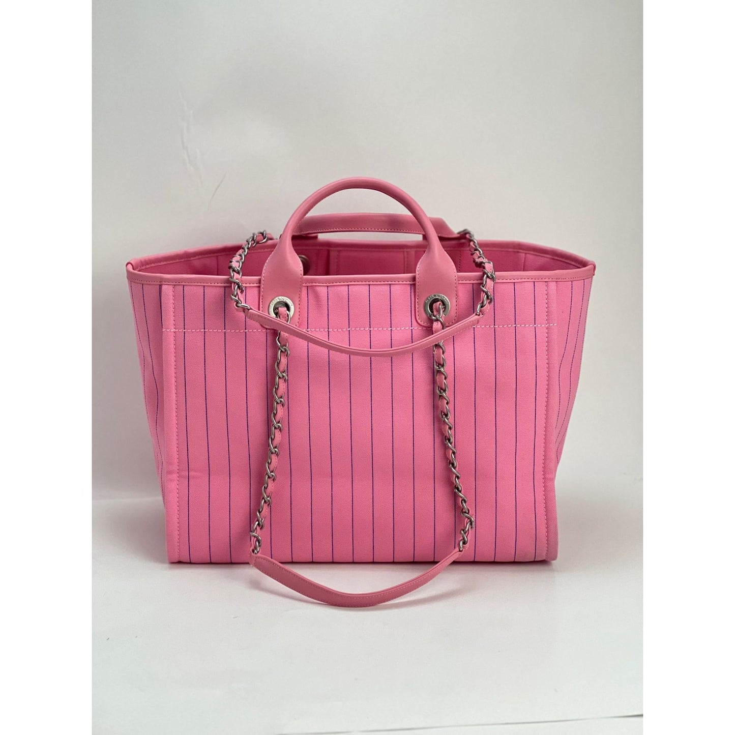 Chanel Canvas Calfskin Striped Medium Deauville Pink Tote