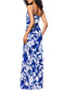 Betsy and Adam White Royal Print Georgina Draped Cowl Neckline Spaghetti Straps Cascading Ruffle Details Back Zipper Flowy Skirt Floor Length Dress