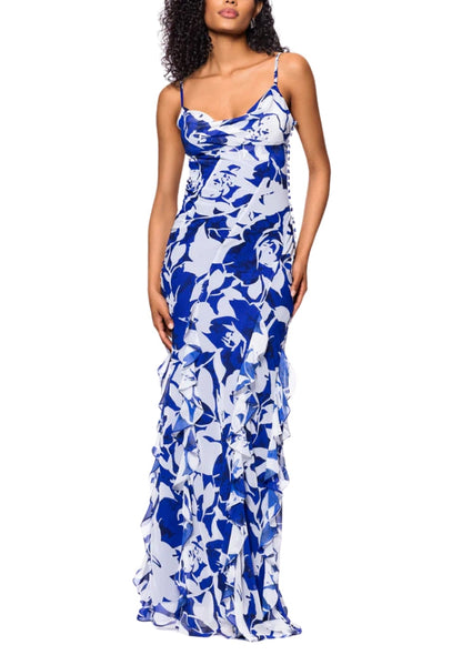 Betsy and Adam White Royal Print Georgina Draped Cowl Neckline Spaghetti Straps Cascading Ruffle Details Back Zipper Flowy Skirt Floor Length Dress