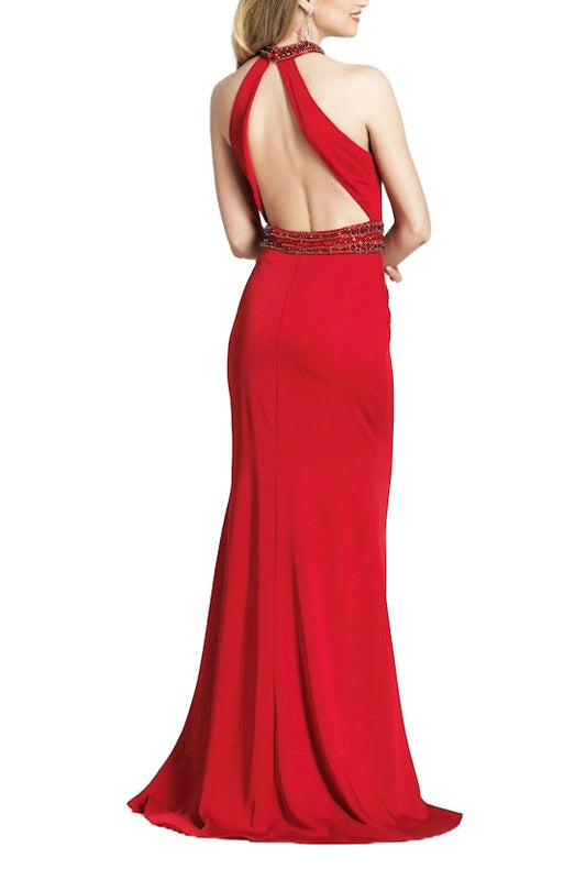 Dave & Johnny Embellished Halter Neck Slit Front Embellished Waist Zipper Back Cutout Back Satin Dress