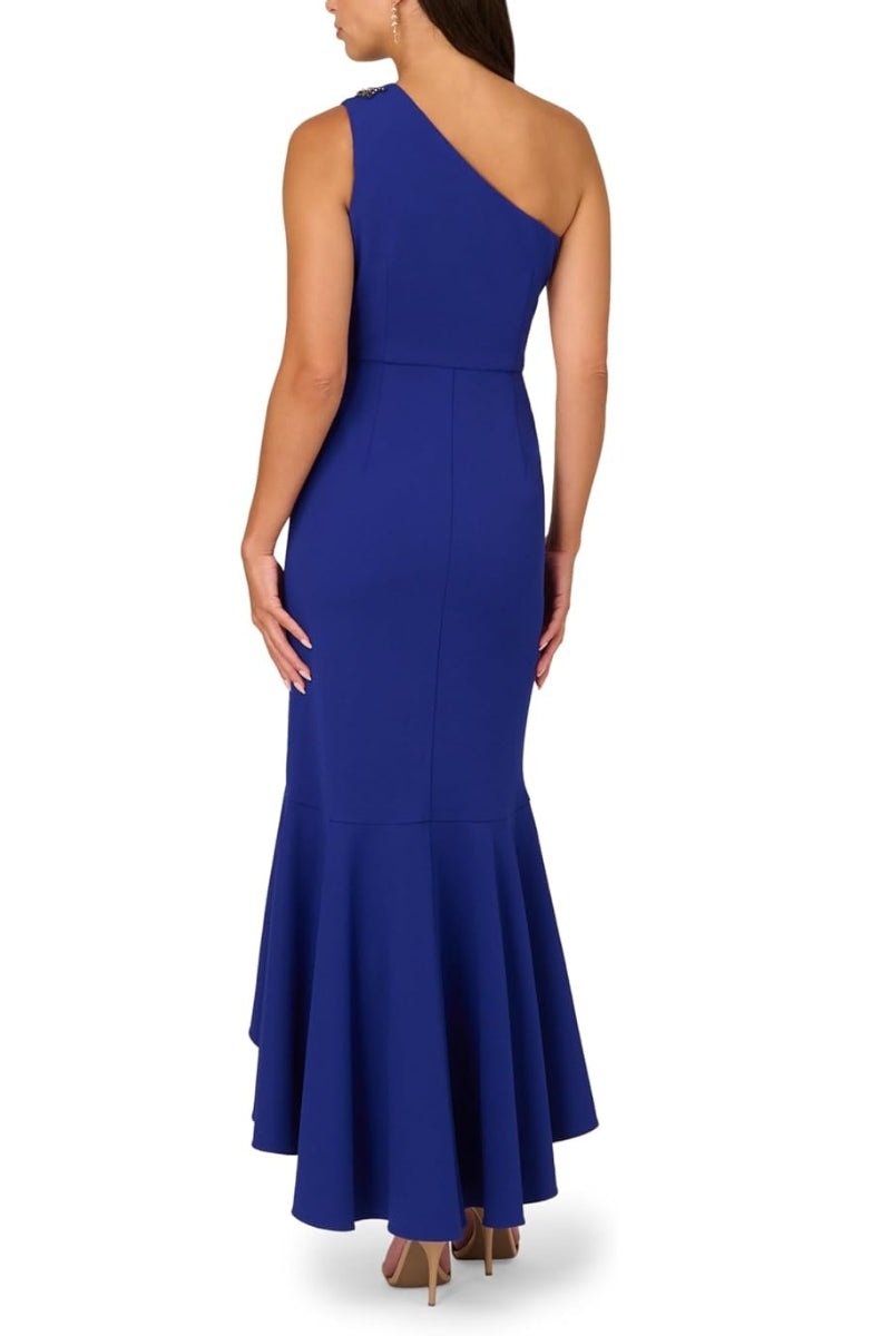 Adrianna Papell Beaded One-Shoulder Sleeveless Side Zipper Closure Ruffles Draped Details Dress