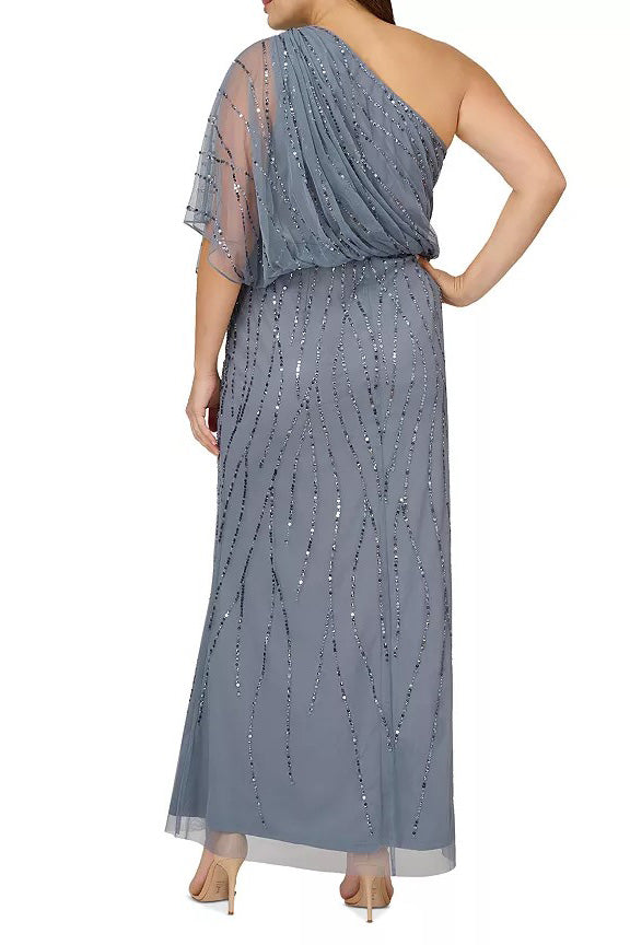 Adrianna Papell Sequin One Shoulder Illusion Sleeve Blouson Dress ( Plus Size )