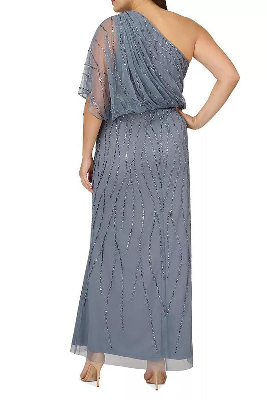 Adrianna Papell Sequin One Shoulder Illusion Sleeve Blouson Dress ( Plus Size )