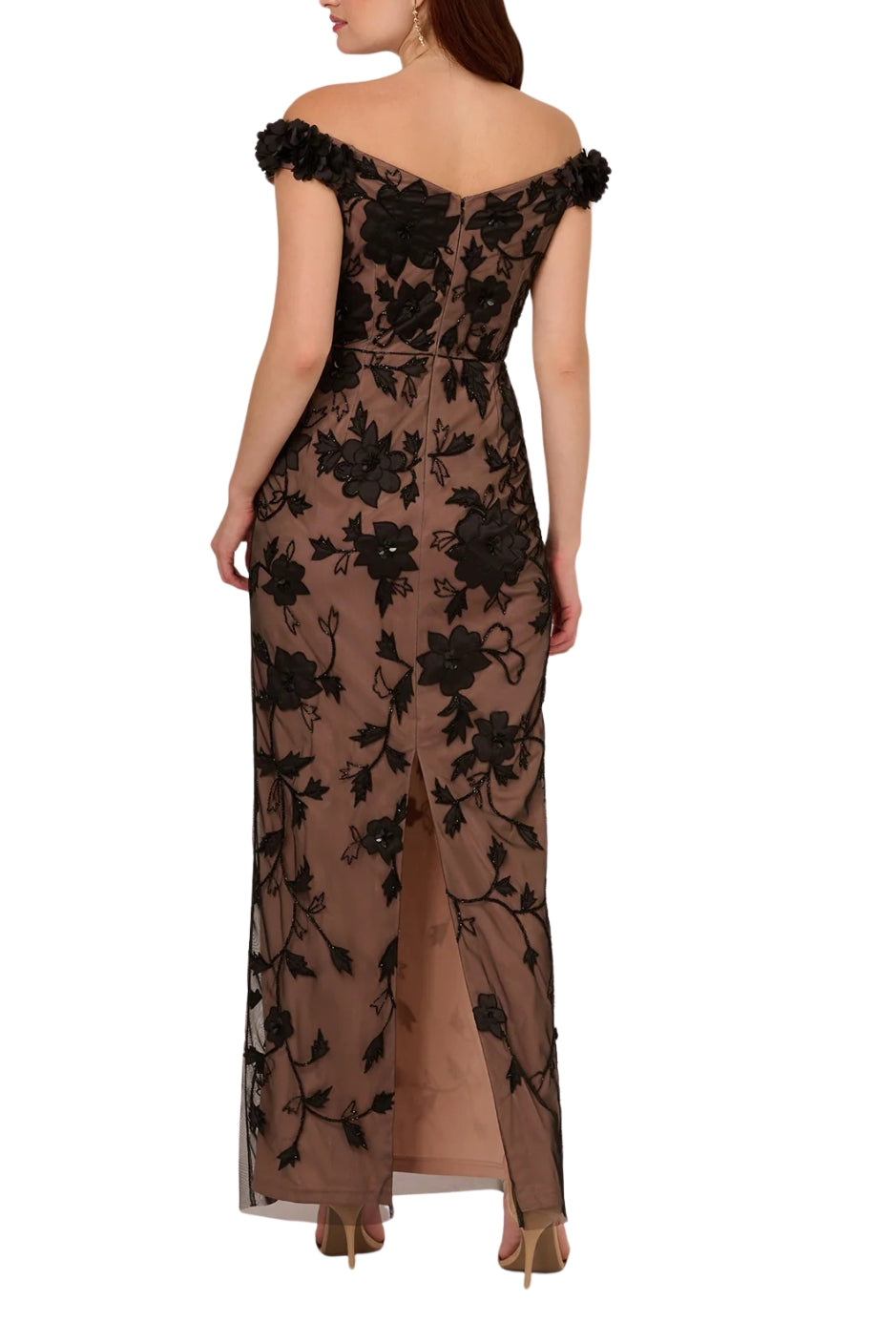 Adrianna Papell Off-the-Shoulder Neckline Sheer Knit Mesh Beaded Sequin Floral Design Fitted Silhouette Column Skirt Dress