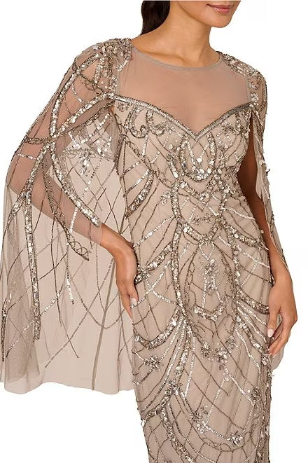Adrianna Papell Sweetheart Boat Neck Cape Sleeves Beaded Mesh Illusion Trim Flutter Hemline Sheath Floor-Length Silhouette Dress
