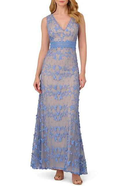 Adrianna Papell Embroidered Lace V-Neckline Sleeveless Sheath Gown Dress