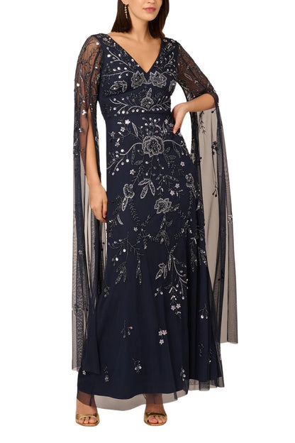 Adrianna Papell V-Neckline Long Split Sleeves Beaded Embellished Maxi Shift Dress
