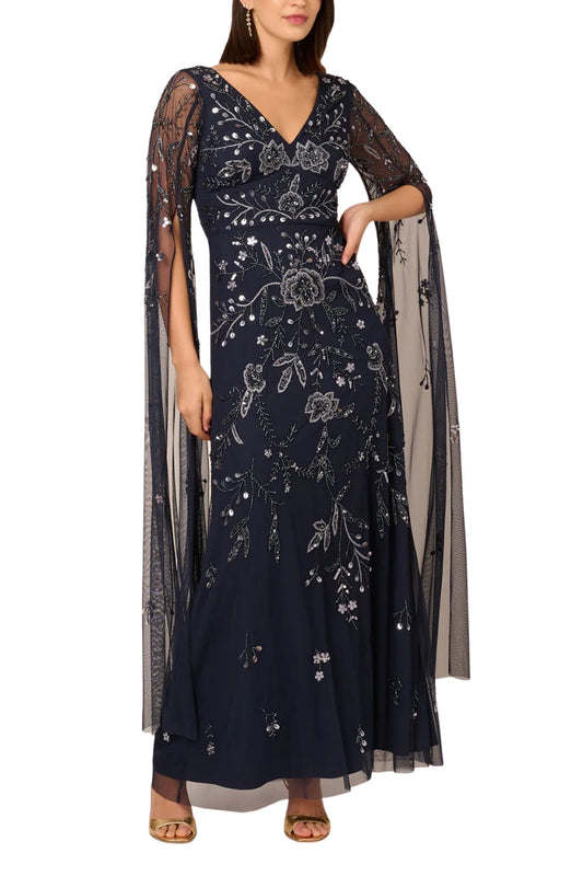 Adrianna Papell V-Neckline Long Split Sleeves Beaded Embellished Maxi Shift Dress