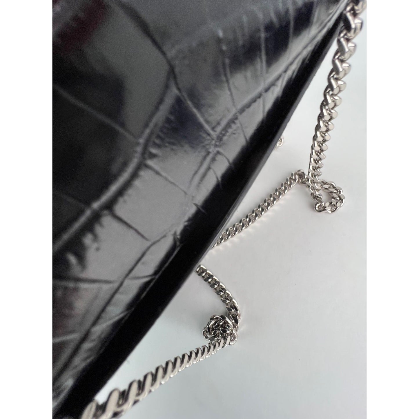 Saint Laurent Black Leather Sunset Wallet on a Chain Crocodile Embossed Bag