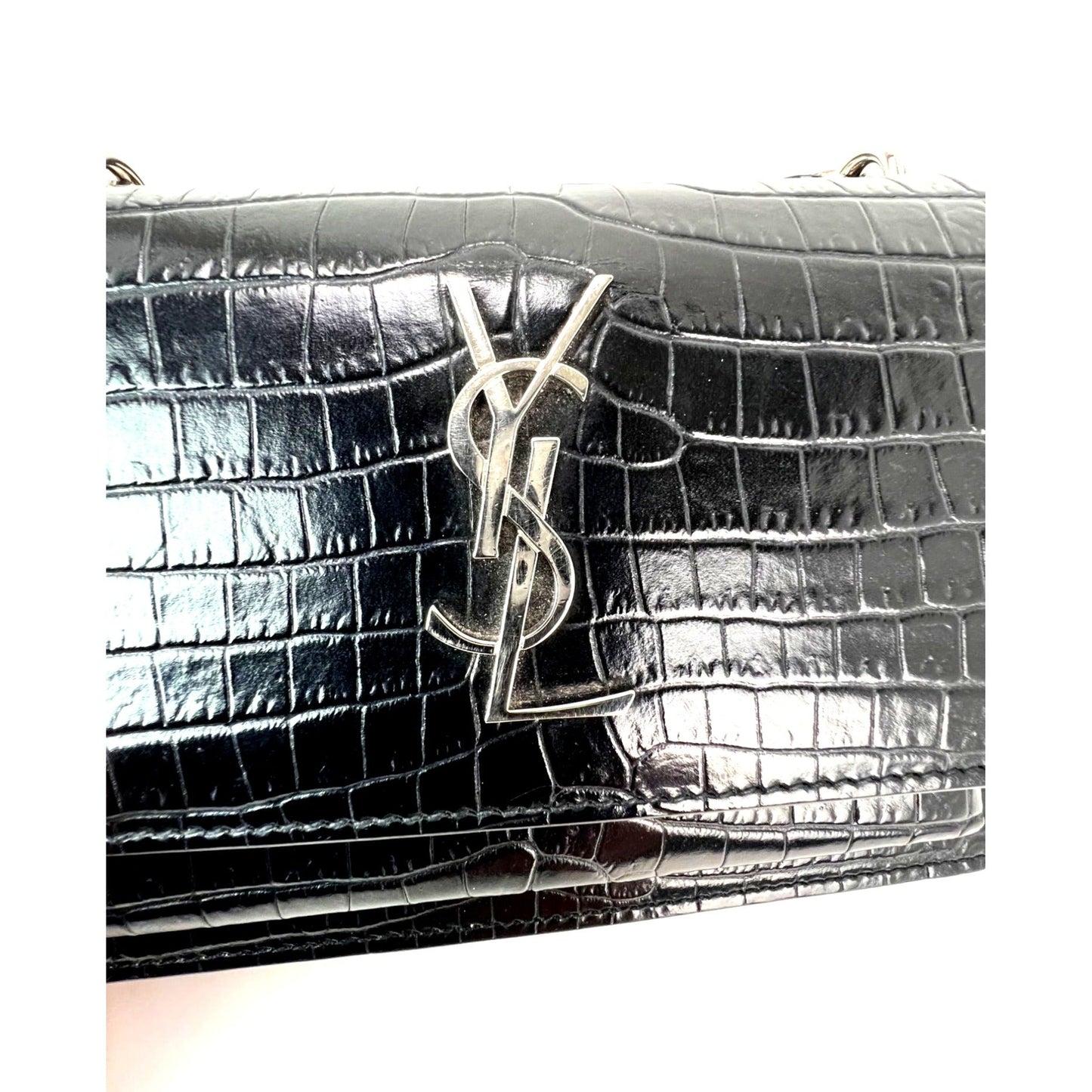 Saint Laurent Black Leather Sunset Wallet on a Chain Crocodile Embossed Bag