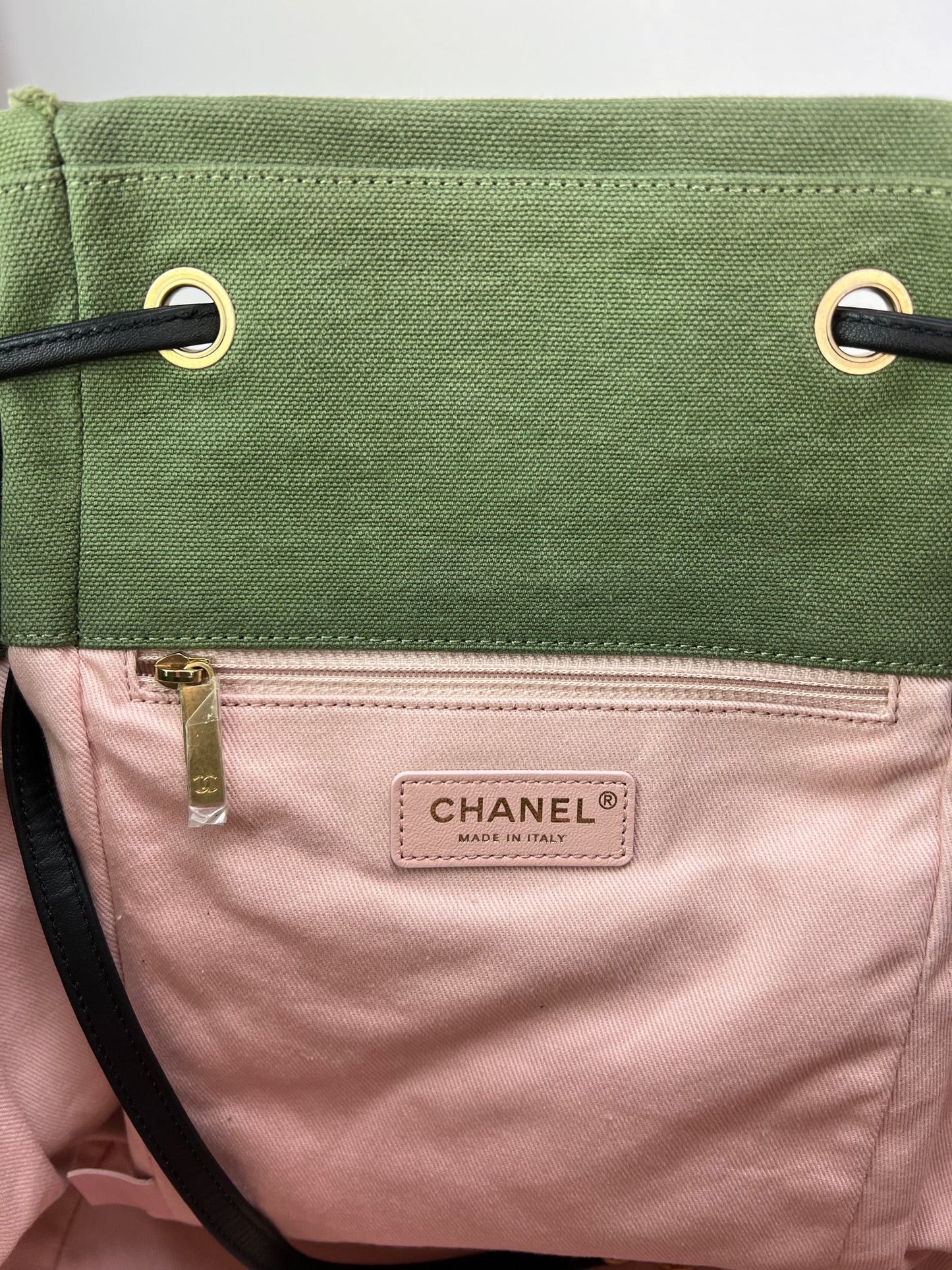 CHANEL Backpack Canvas Chevron Cuba Patchwork Khaki Green Backpack Preowned