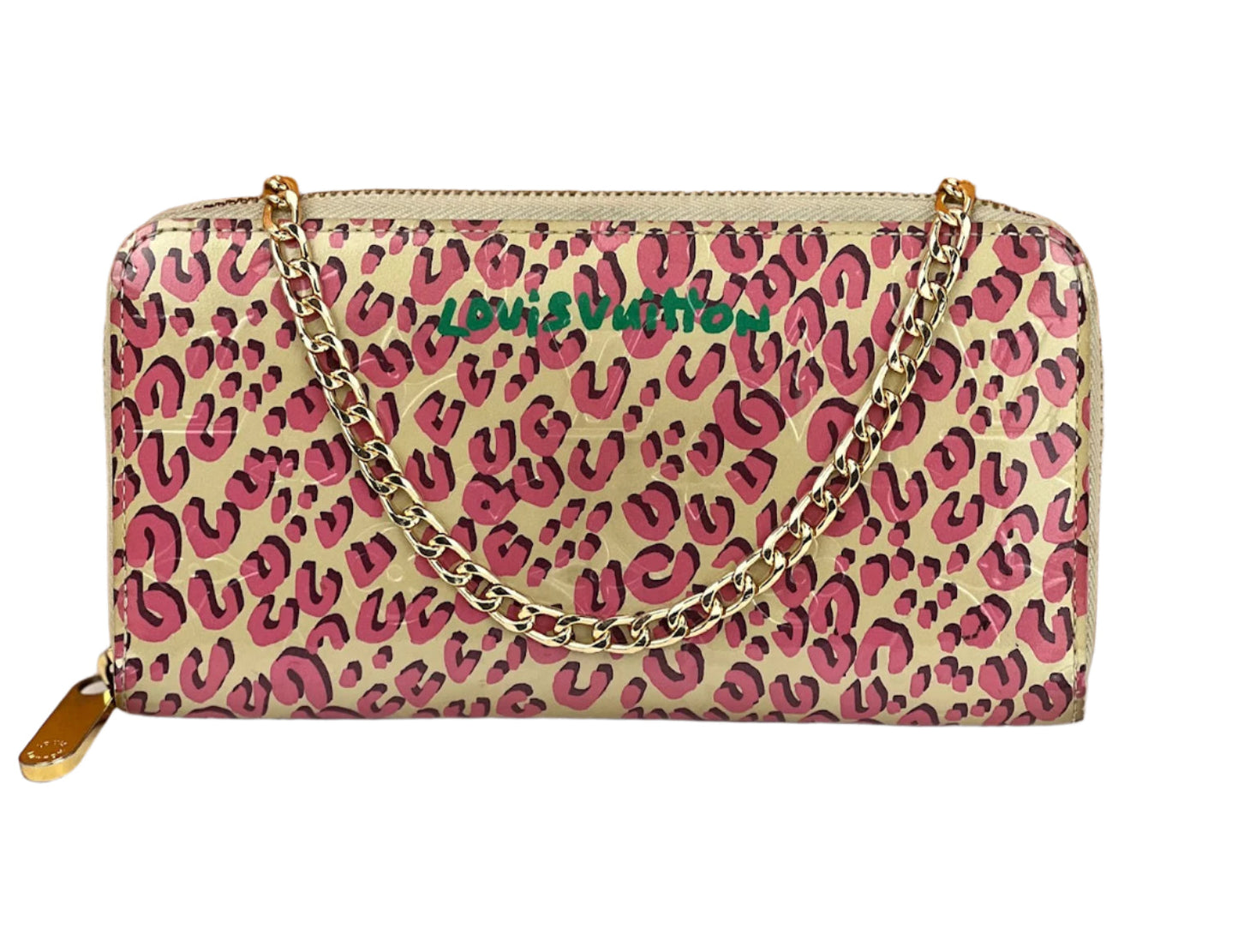 Louis Vuitton Wallet Zippy Stephan Sprouse Vernis Leopard W/Added Chain Crossbody Pre owned