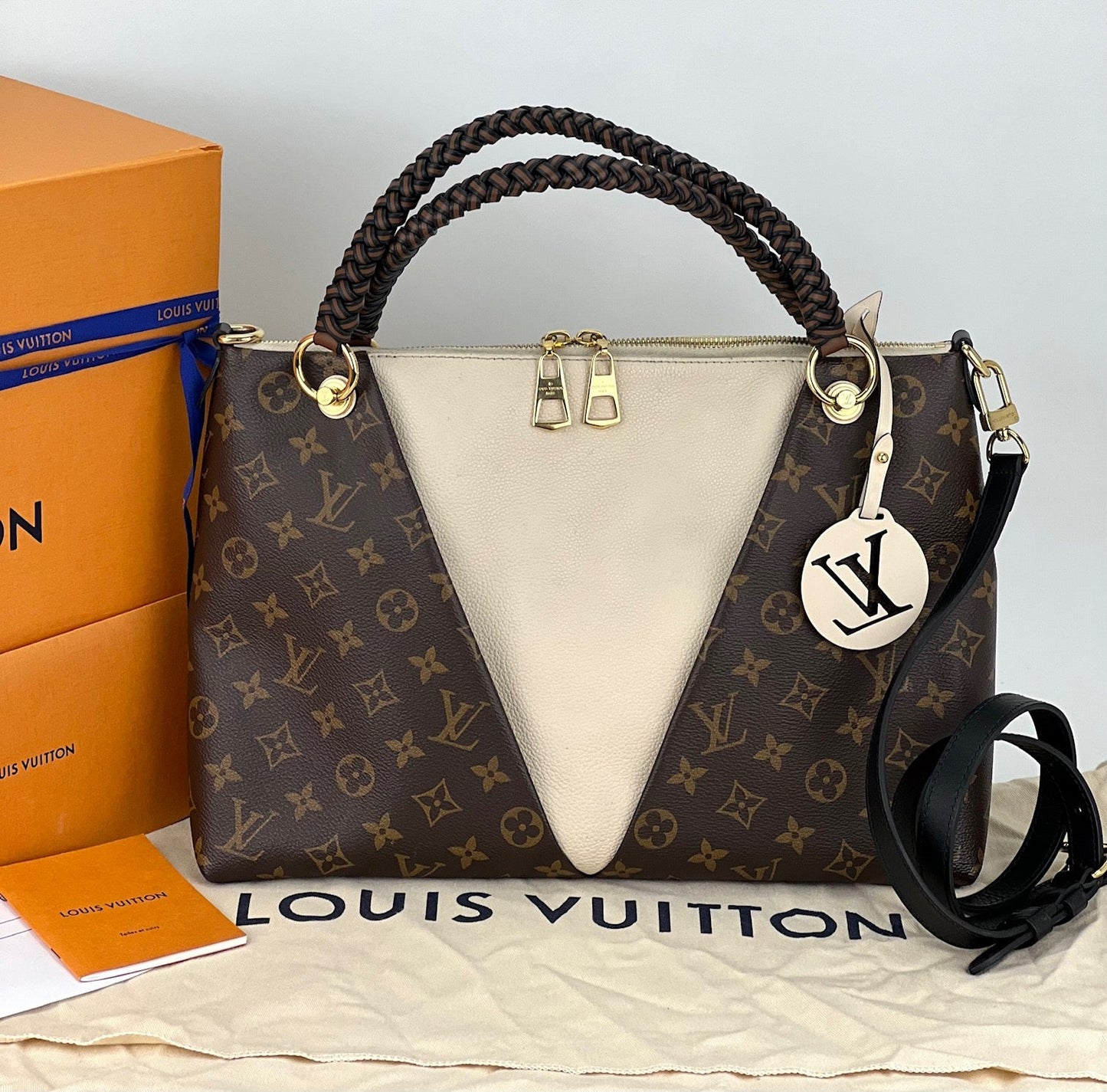 Louis Vuitton Monogram Braided V Tote MM White Leather Shoulder Hand Bag