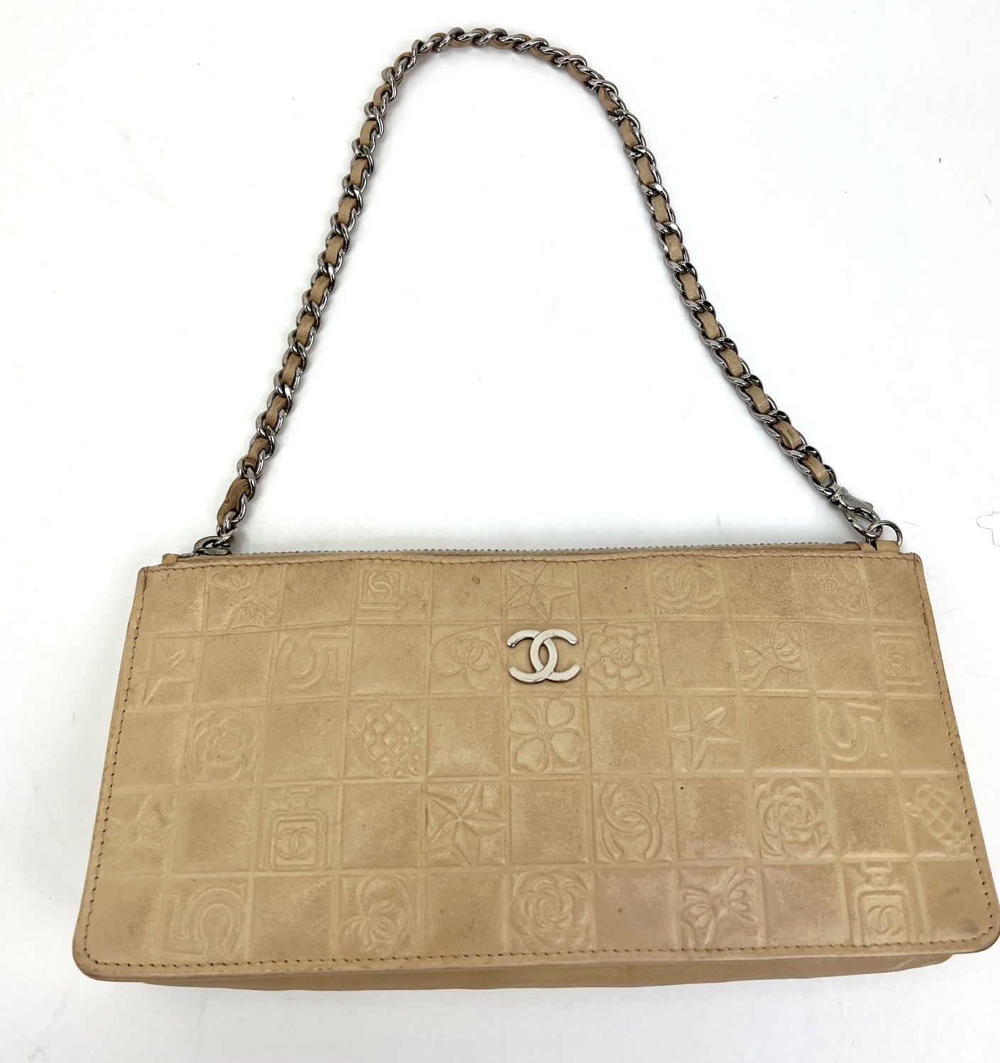 CHANEL Bag Lucky Symbols Pochette Quilted Beige Lambskin Shoulder Wristlet Preowned