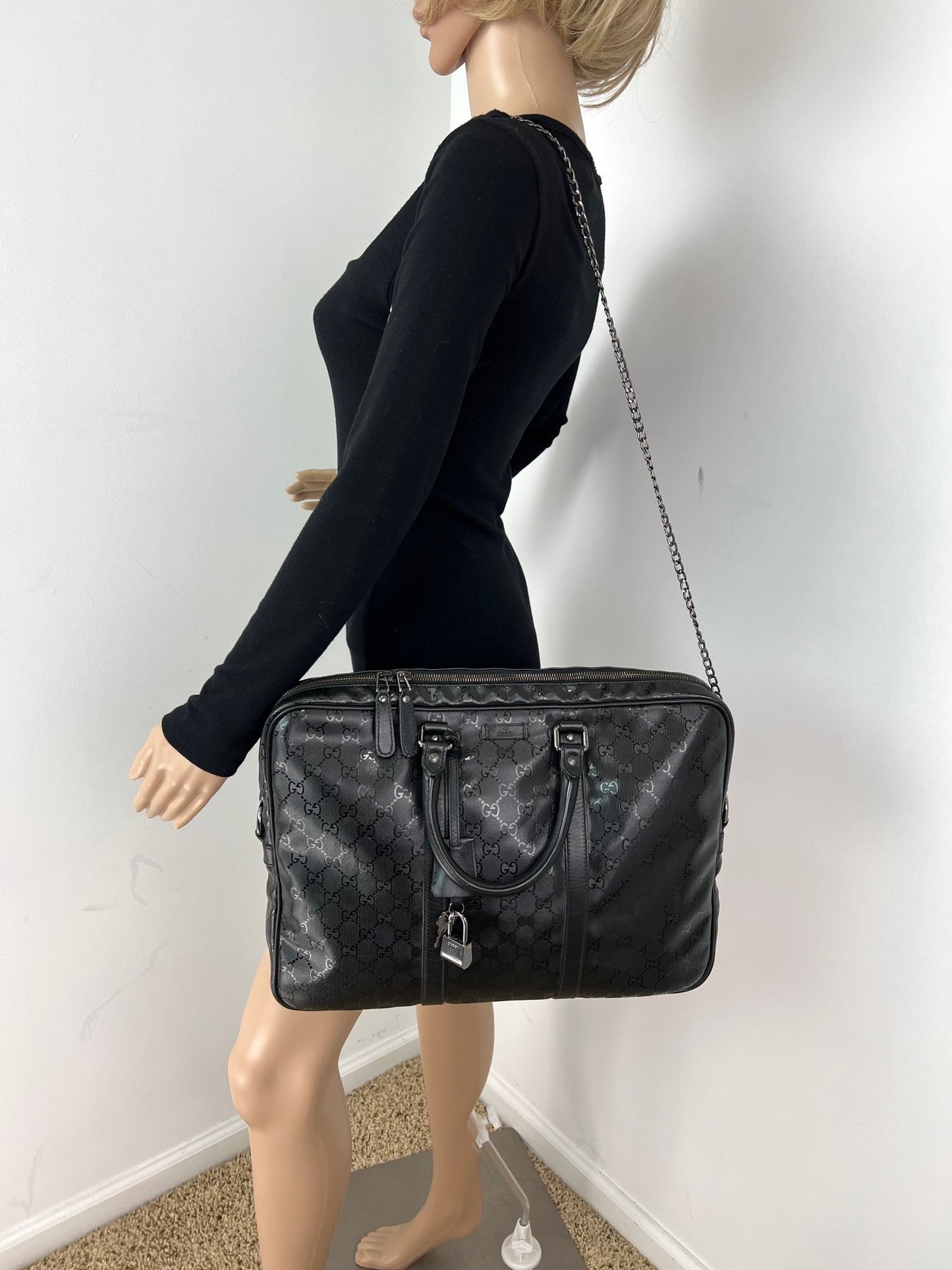 Gucci Briefcase GG Imprime Coated Canvas Black Monogram Business Bag Preowned