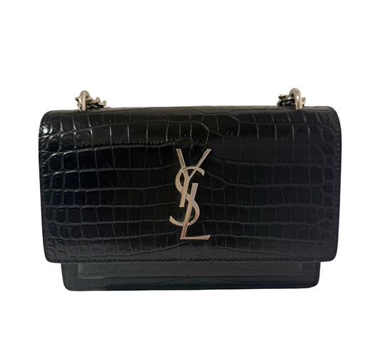 Saint Laurent Black Leather Sunset Wallet on a Chain Crocodile Embossed Bag